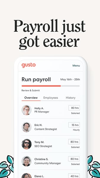 Gusto ad showing mobile payroll screen with employee list and hours on a floral white background
