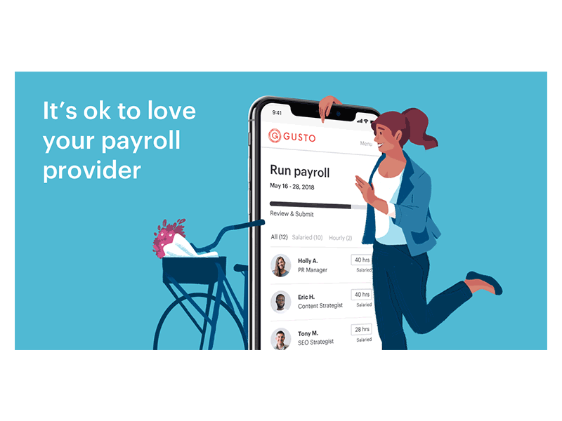 Animated Gusto ad with illustrated woman and phone showing payroll review screen with employee hours