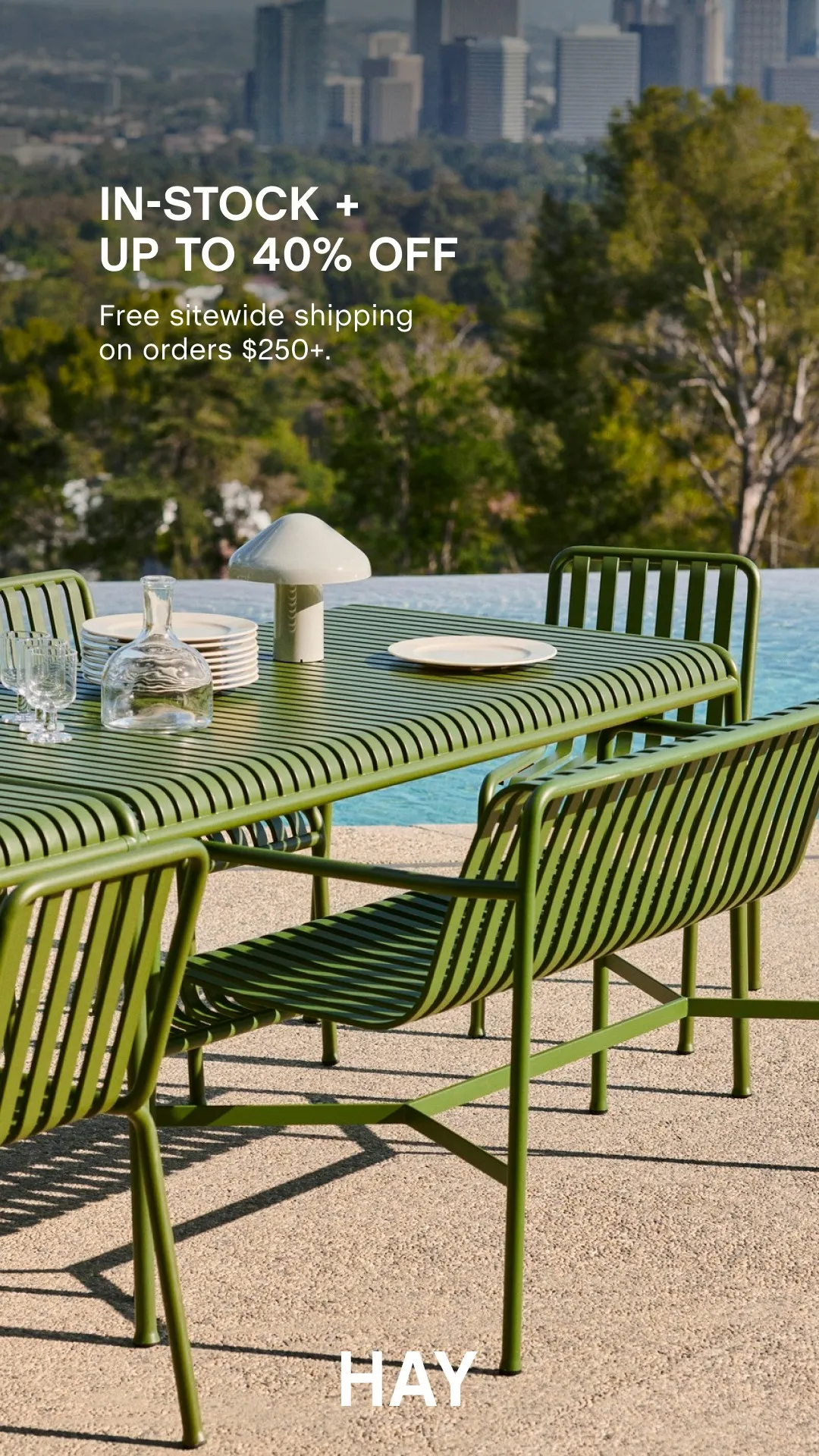 Ad by HAY promoting free shipping and up to 40 percent off in stock furniture