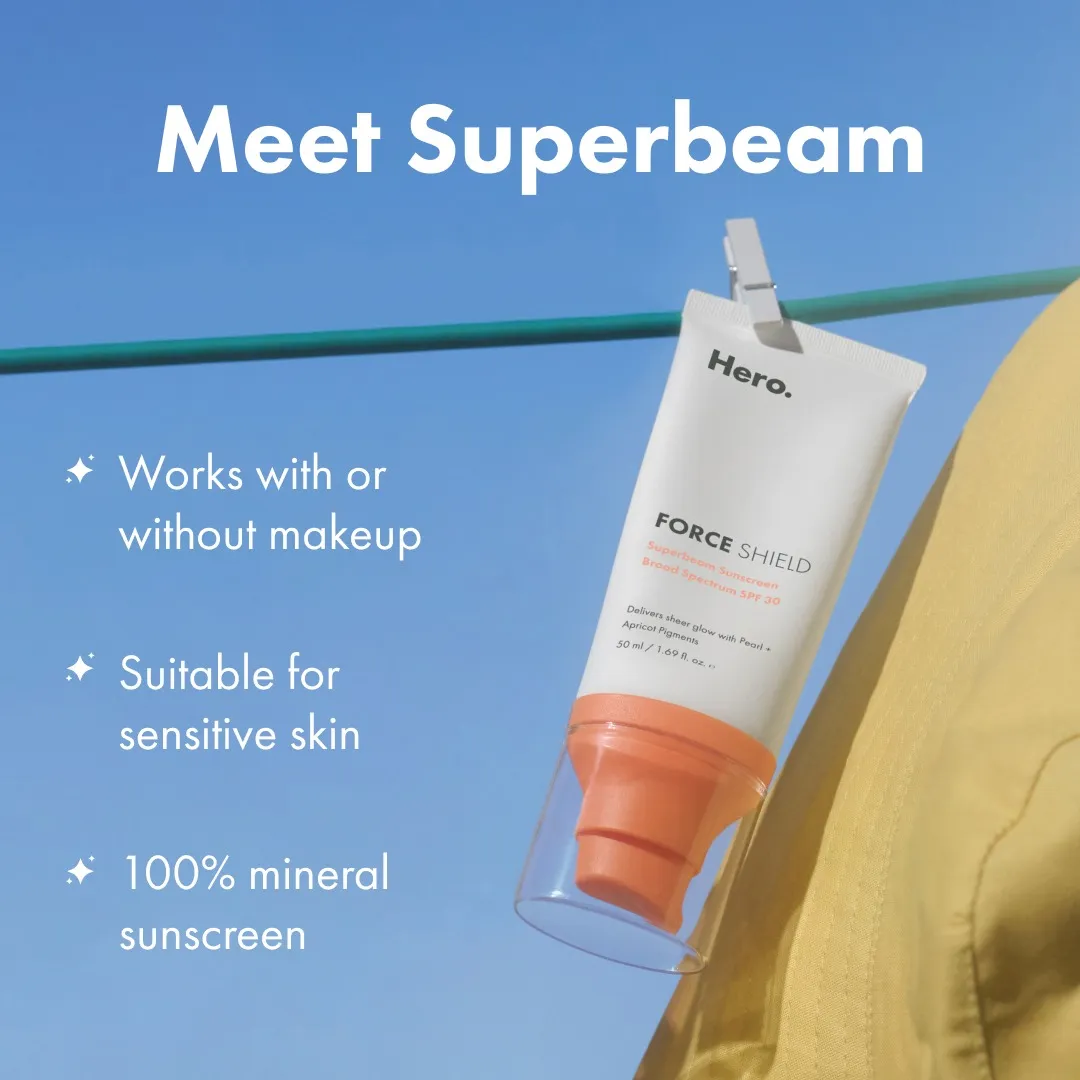 Ad by Hero Cosmetics introducing Superbeam, its illuminating sunscreen
