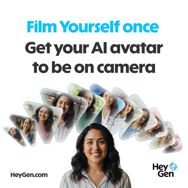 HeyGen ad showing a woman surrounded by multiple AI-generated video versions of herself