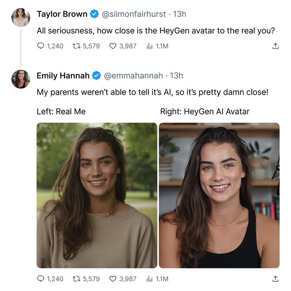 Screenshot of a Twitter exchange comparing a real person side by side with their HeyGen AI avatar