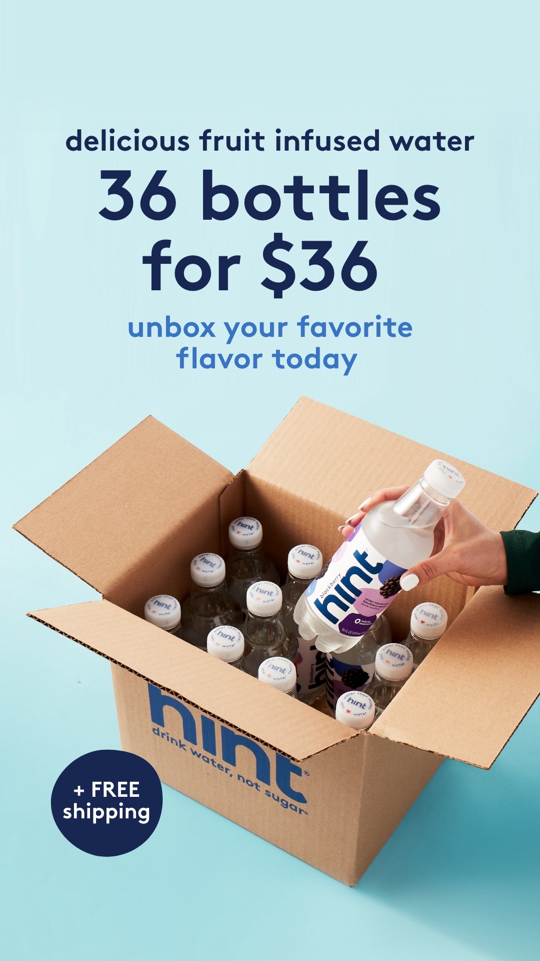 Ad by Hint promoting fruit infused water at 36 bottles for 36 dollars