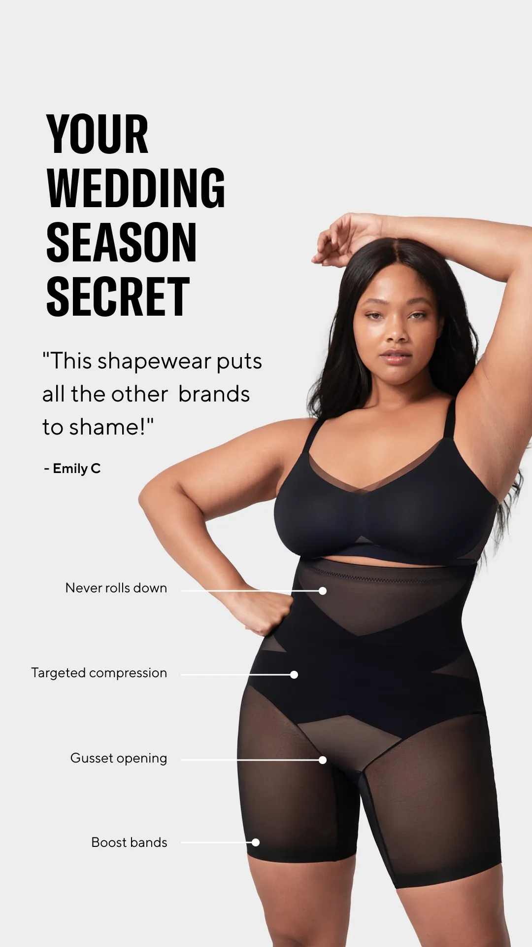 Facebook and Instagram ad by Honeylove on shapewear that does not roll down or ride up
