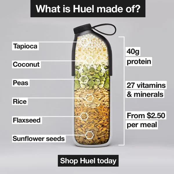 Facebook and Instagram ad by Huel explaining what goes into Huel Powder
