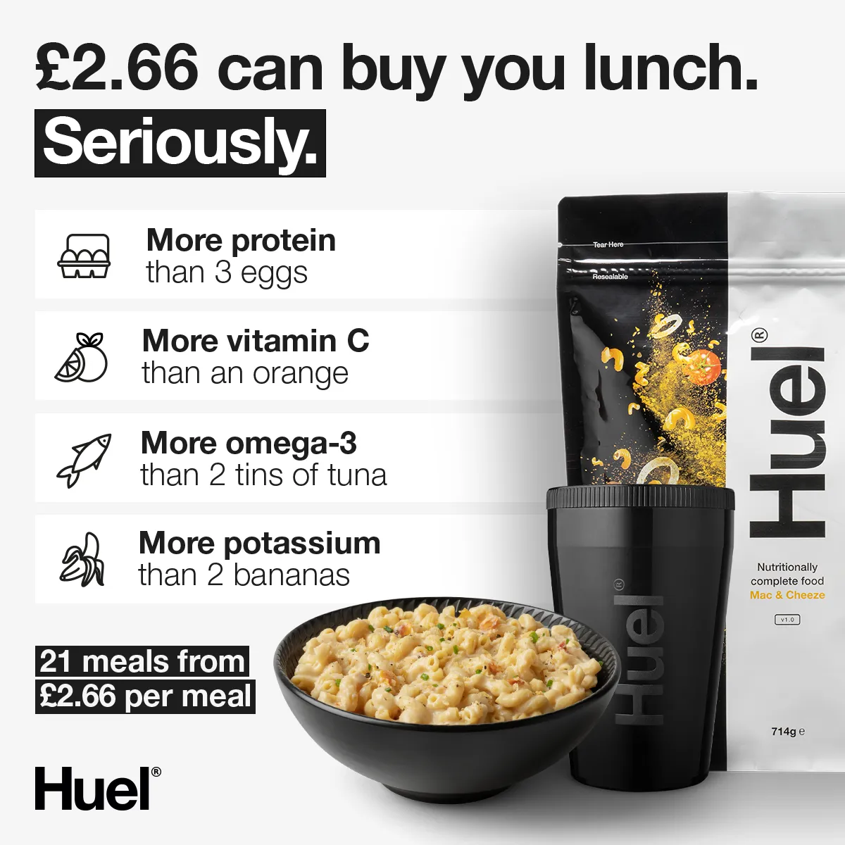 Facebook and Instagram ad by Huel on nutritionally complete meals at a low price