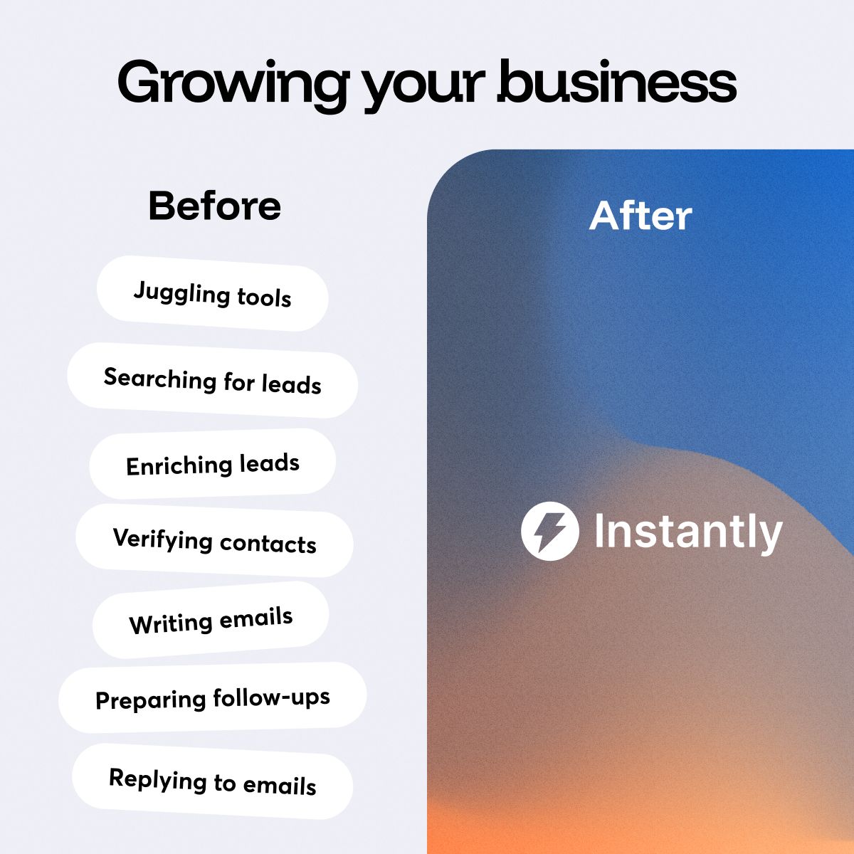 Instantly ad showing a before and after split comparing manual outreach tasks to using Instantly