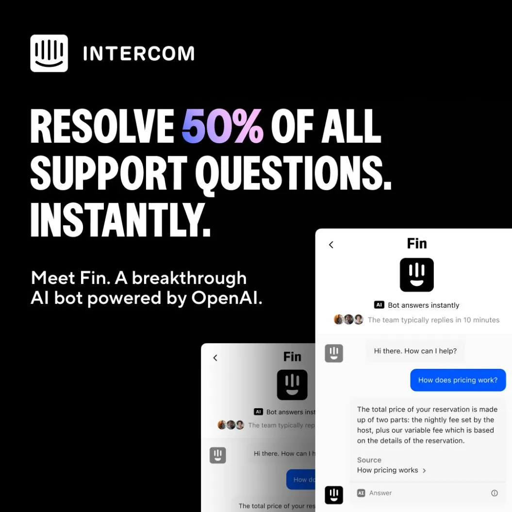 LinkedIn ad by Intercom introducing Fin, its AI support bot powered by OpenAI