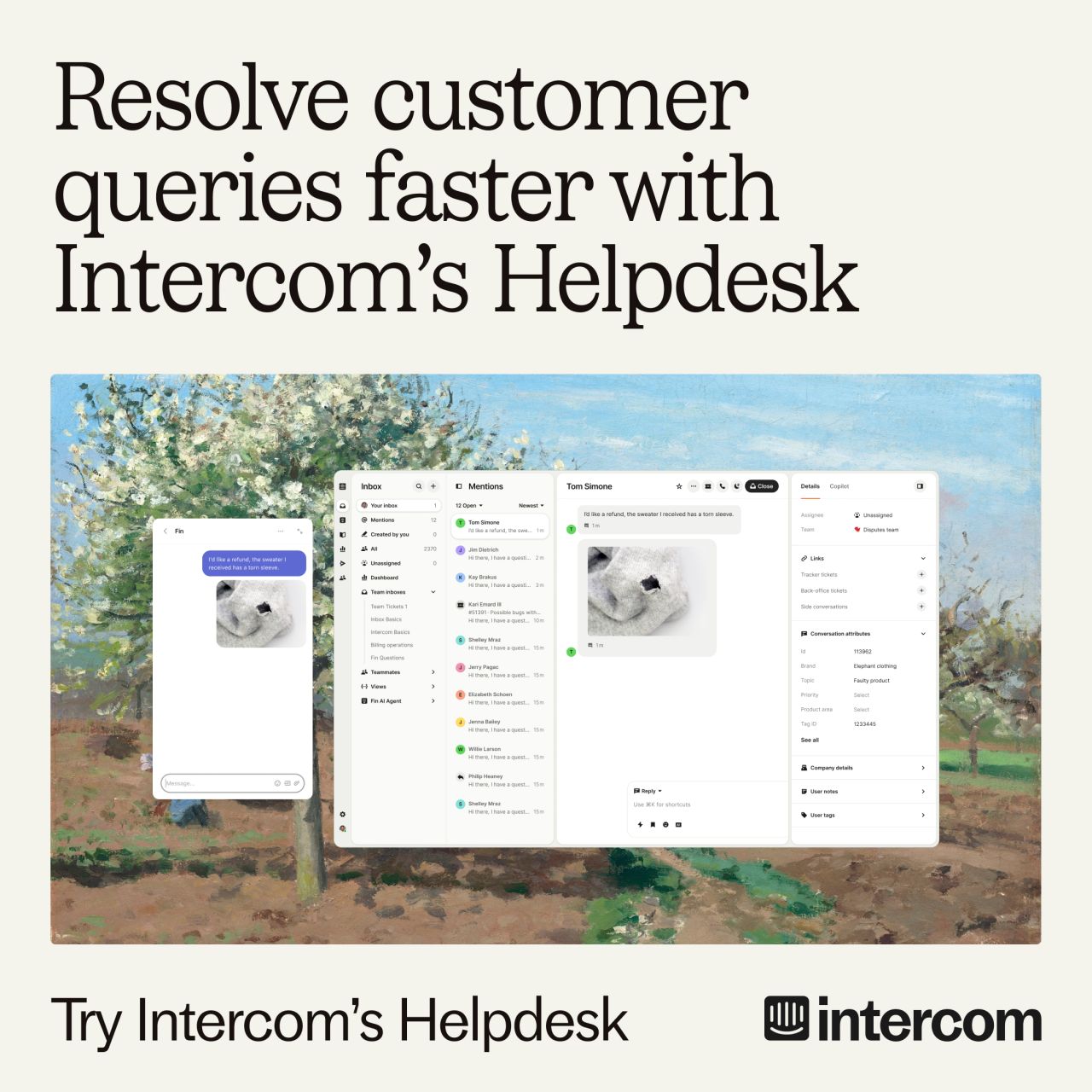 Intercom ad with classical painting background showing the helpdesk inbox UI with customer conversation details
