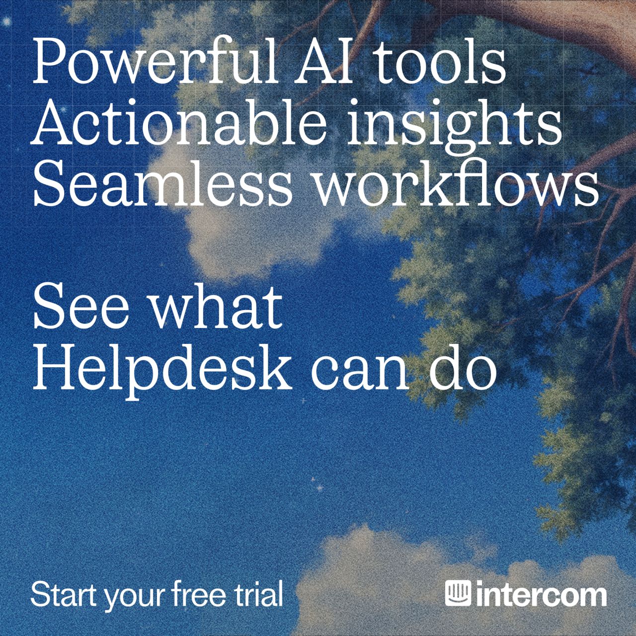 Intercom ad with painterly sky background listing Powerful AI tools and Actionable insights and Seamless workflows