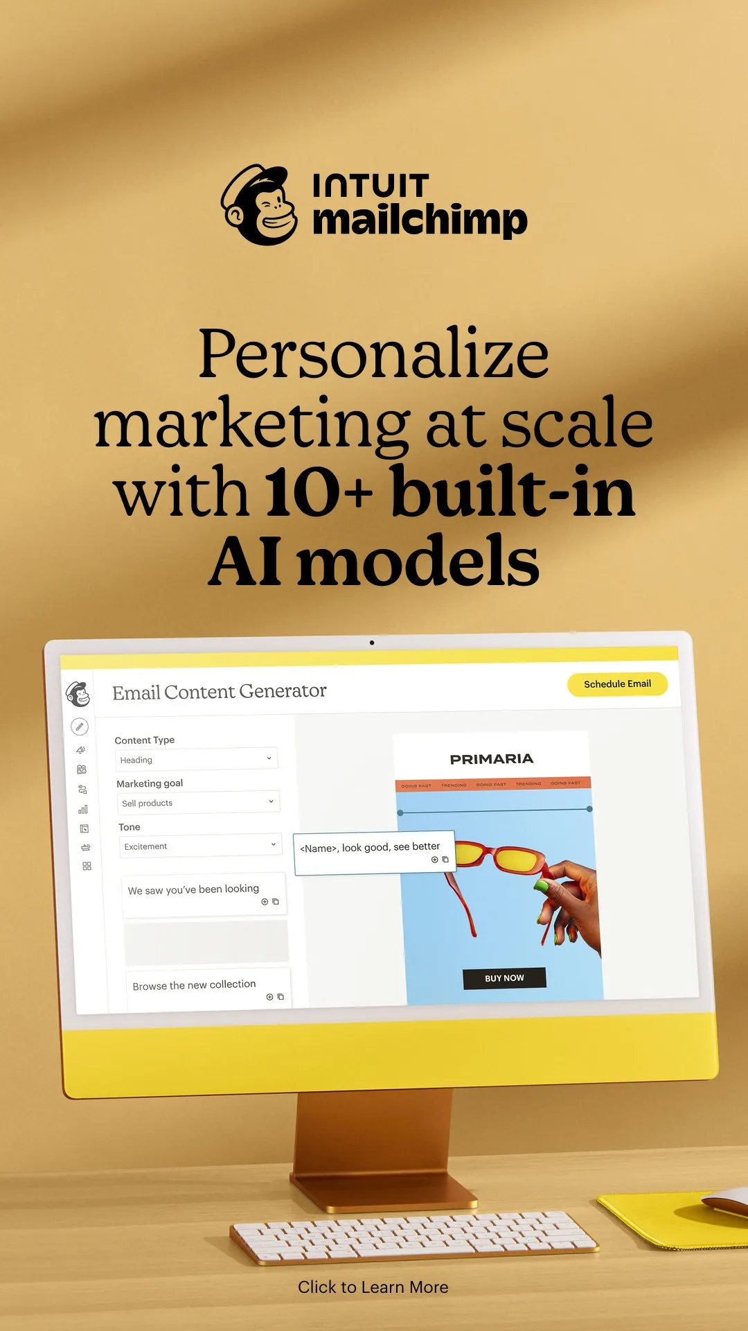 Facebook and Instagram ad by Mailchimp on AI for segments, benchmarks and content