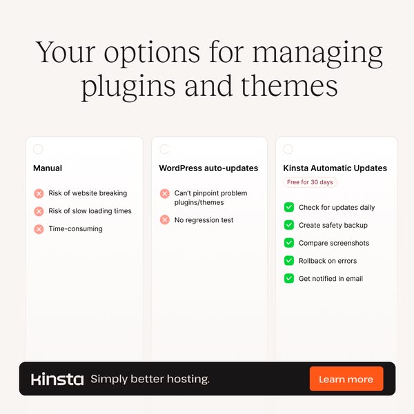 Kinsta ad comparing three plugin update options with Manual and WordPress auto-updates showing red X marks and Kinsta showing green checkmarks