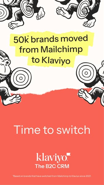 Illustrated monkeys with text stating 50k brands moved from Mailchimp to Klaviyo