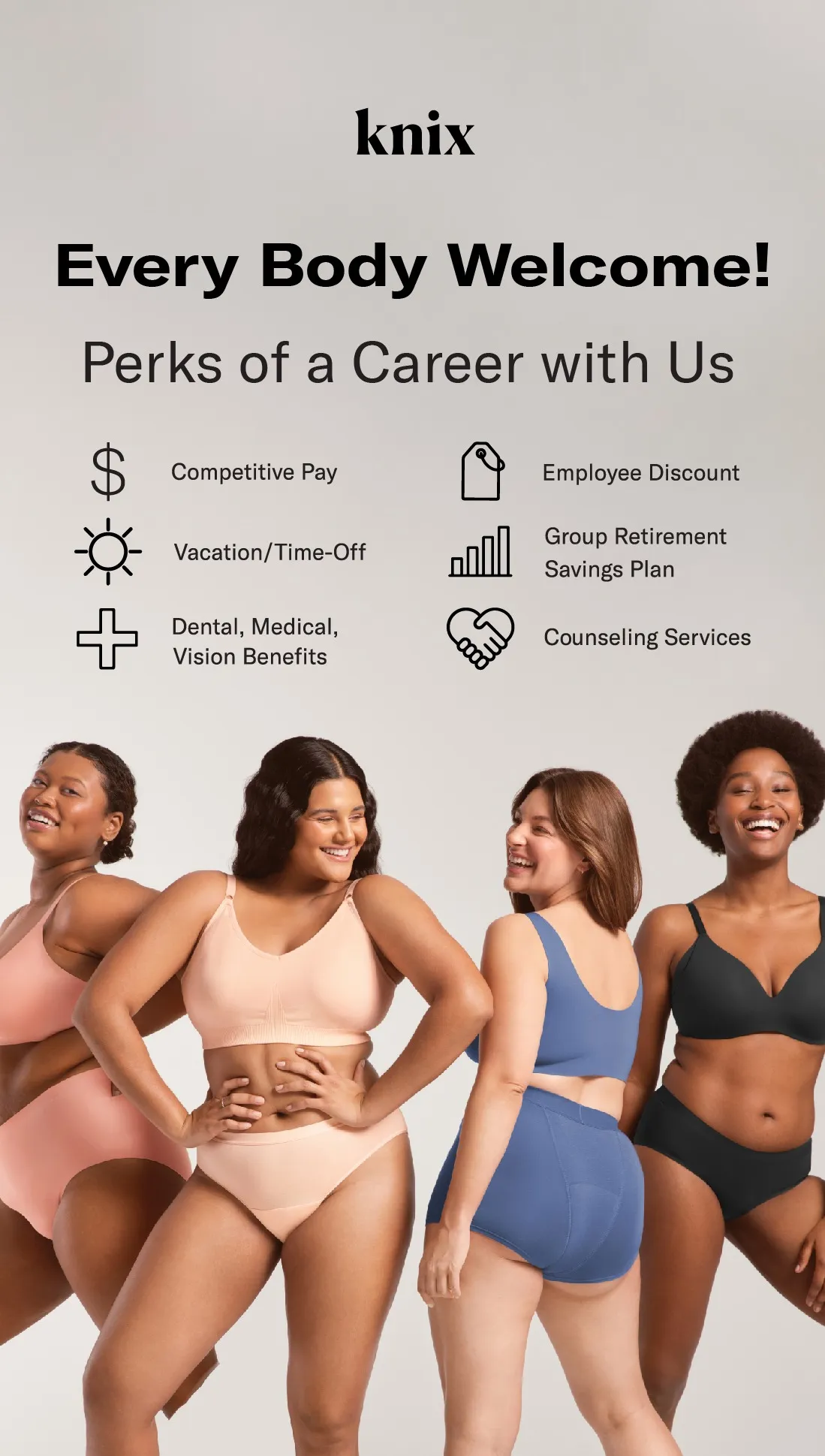 Ad by Knix recruiting staff and listing pay, benefits and employee discount