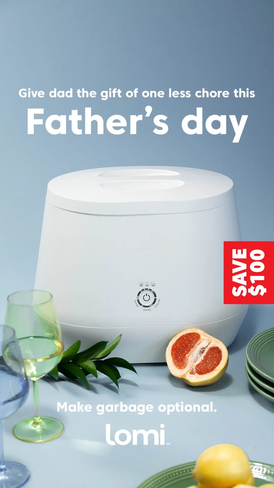 Facebook and Instagram ad by Lomi positioning the food recycler as a Father's Day gift