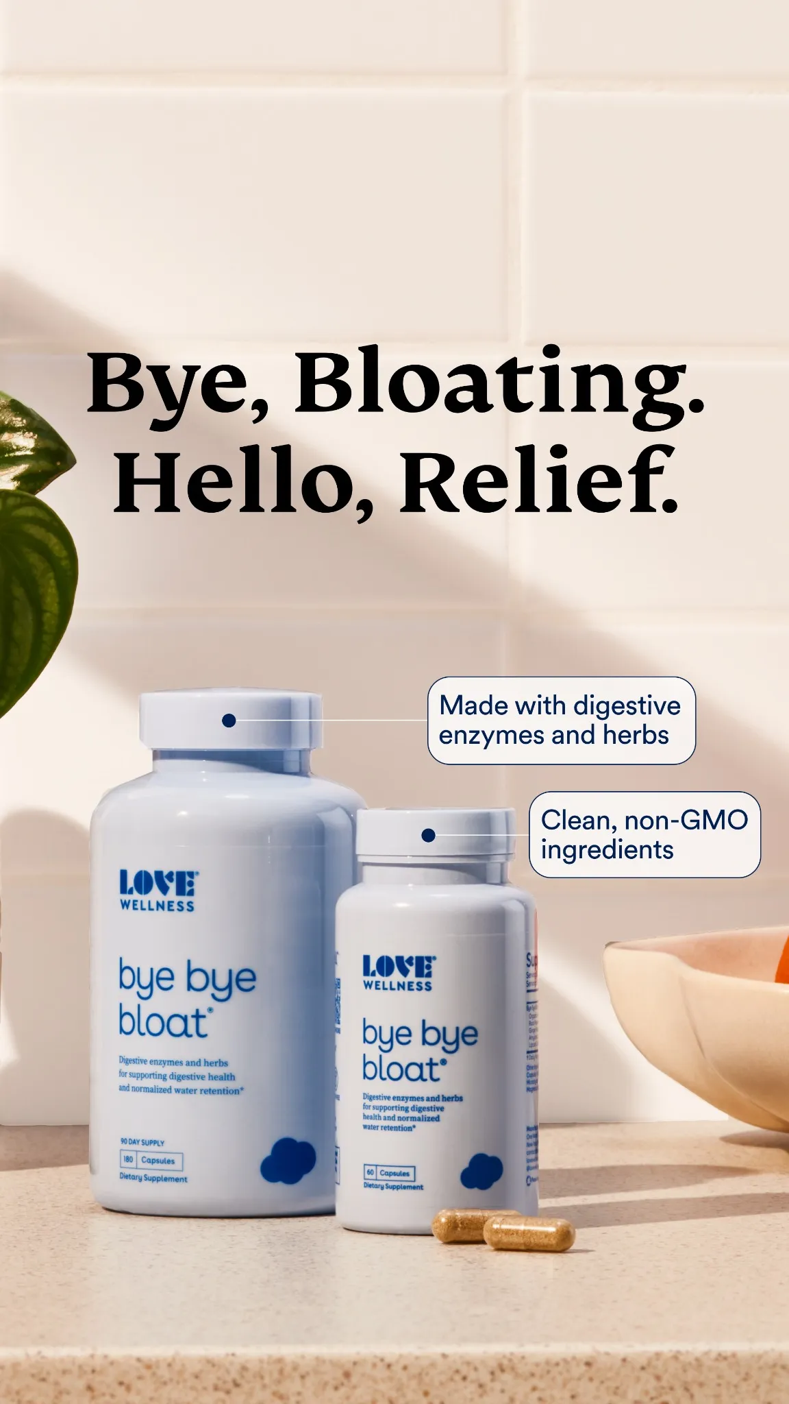 Ad by Love Wellness promoting doctor formulated capsules for bloating relief
