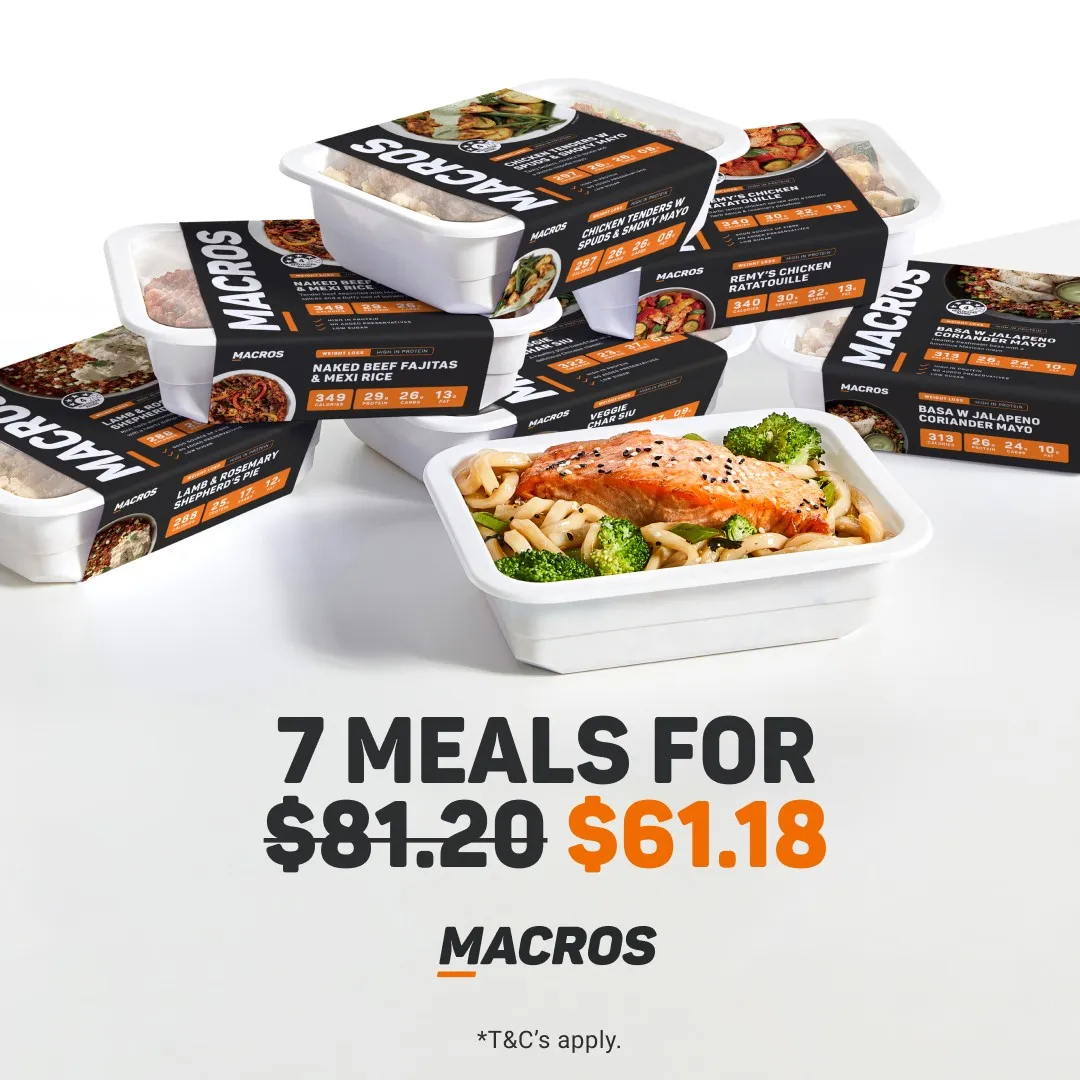 Ad by MACROS offering a welcome deal on healthy prepared lunches and dinners