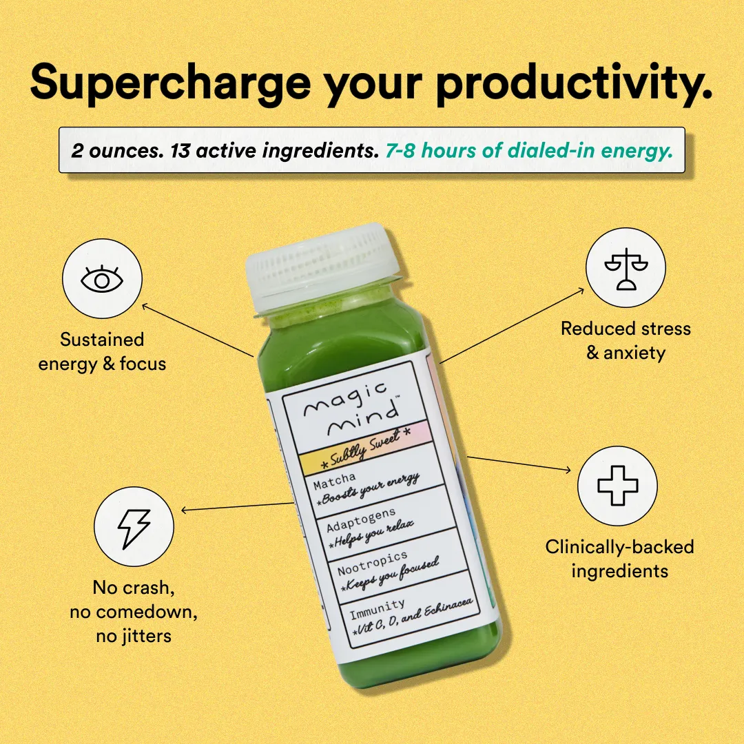 Ad by Magic Mind listing the 13 ingredients in its focus and energy shot