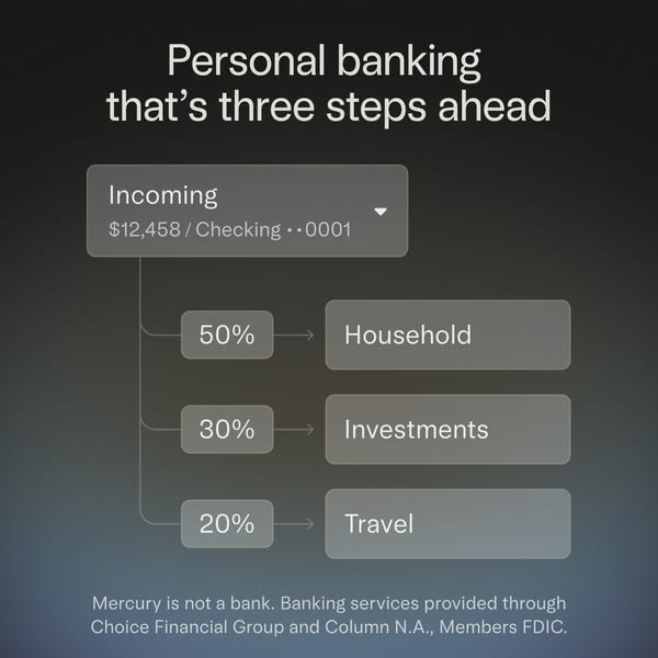 Mercury ad on dark gradient background showing an incoming payment auto-split into household investments and travel buckets