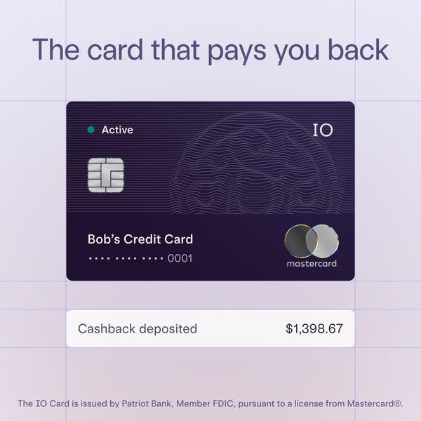Mercury ad showing a purple IO credit card with Mastercard logo and a cashback deposited notification of $1398.67
