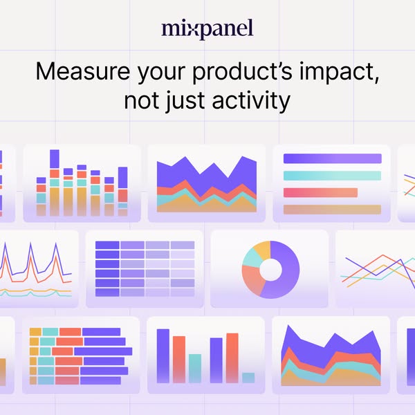 Mixpanel ad showing colorful analytics chart tiles with the headline measure your product impact not just activity