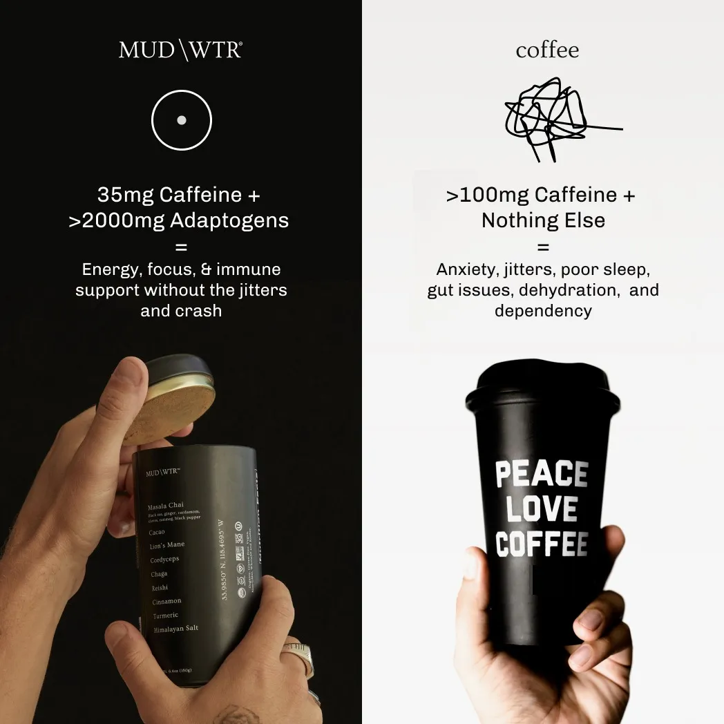 Facebook and Instagram ad by MUD WTR comparing its cacao and mushroom blend with coffee