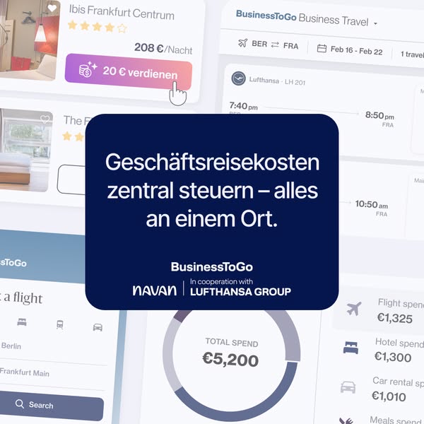 Navan and Lufthansa Group BusinessToGo ad showing travel booking UI and expense summary in German