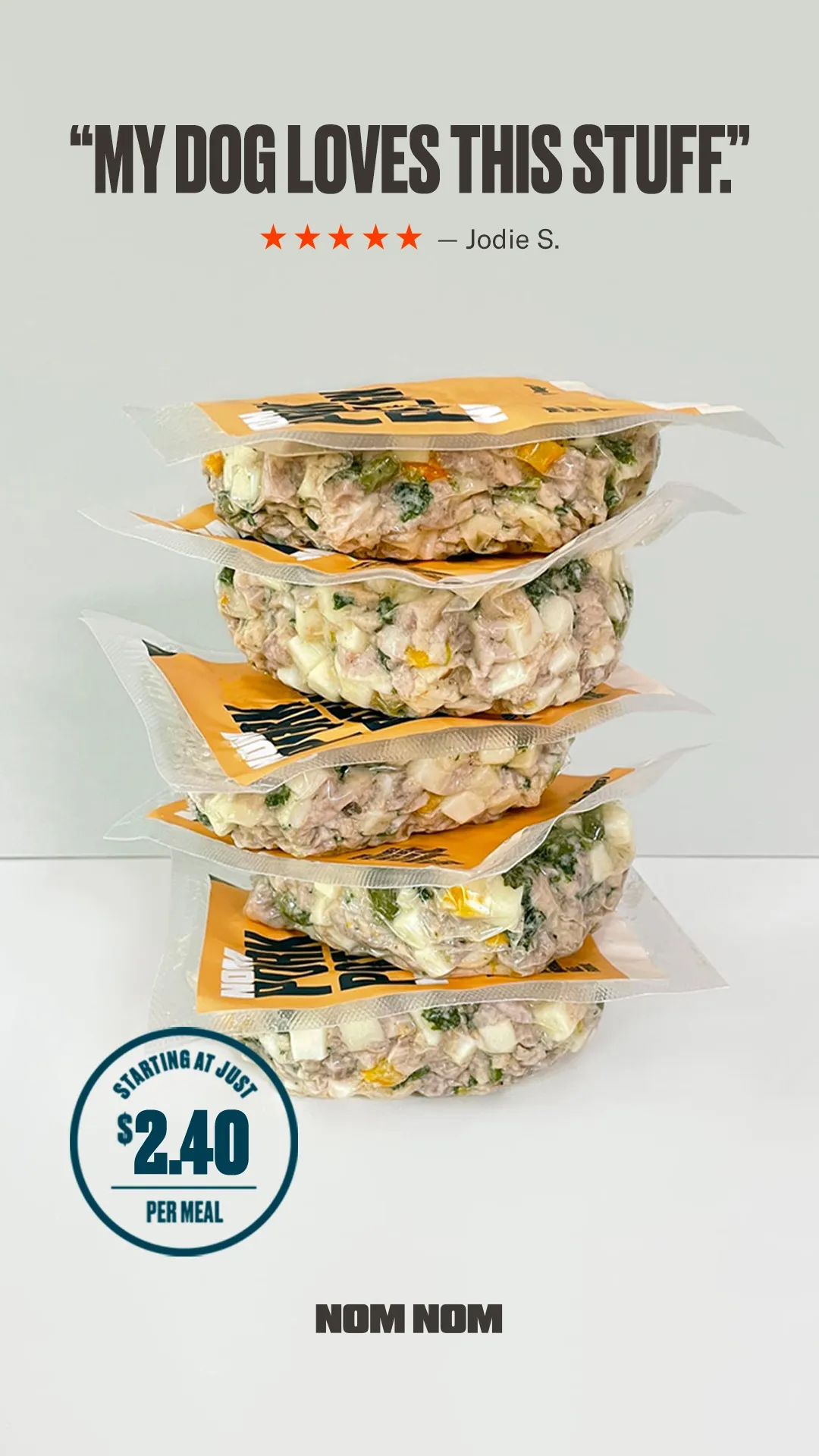 Facebook and Instagram ad by Nom Nom on vet formulated recipes for every life stage
