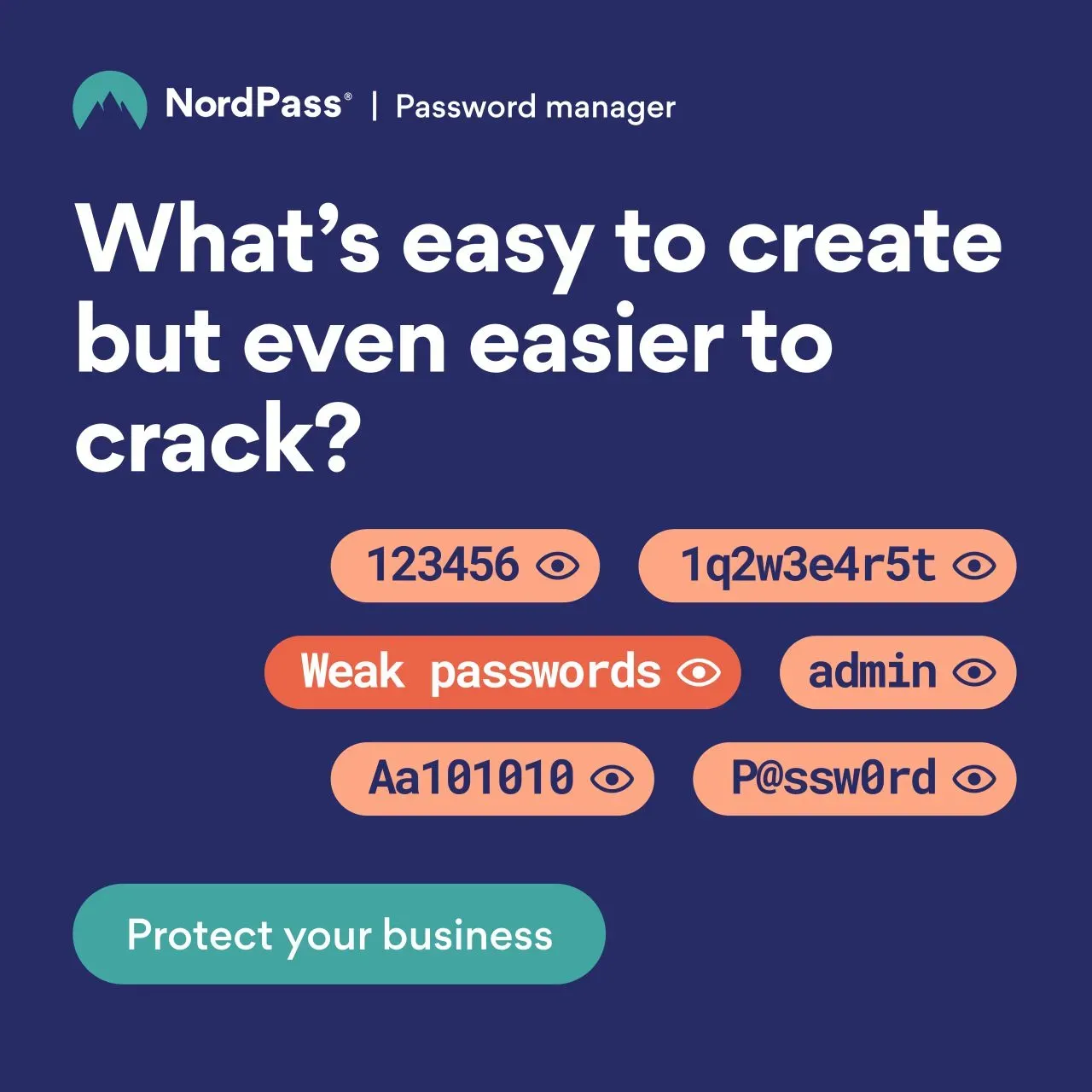 NordPass ad on dark blue background showing common weak passwords like 123456 and admin