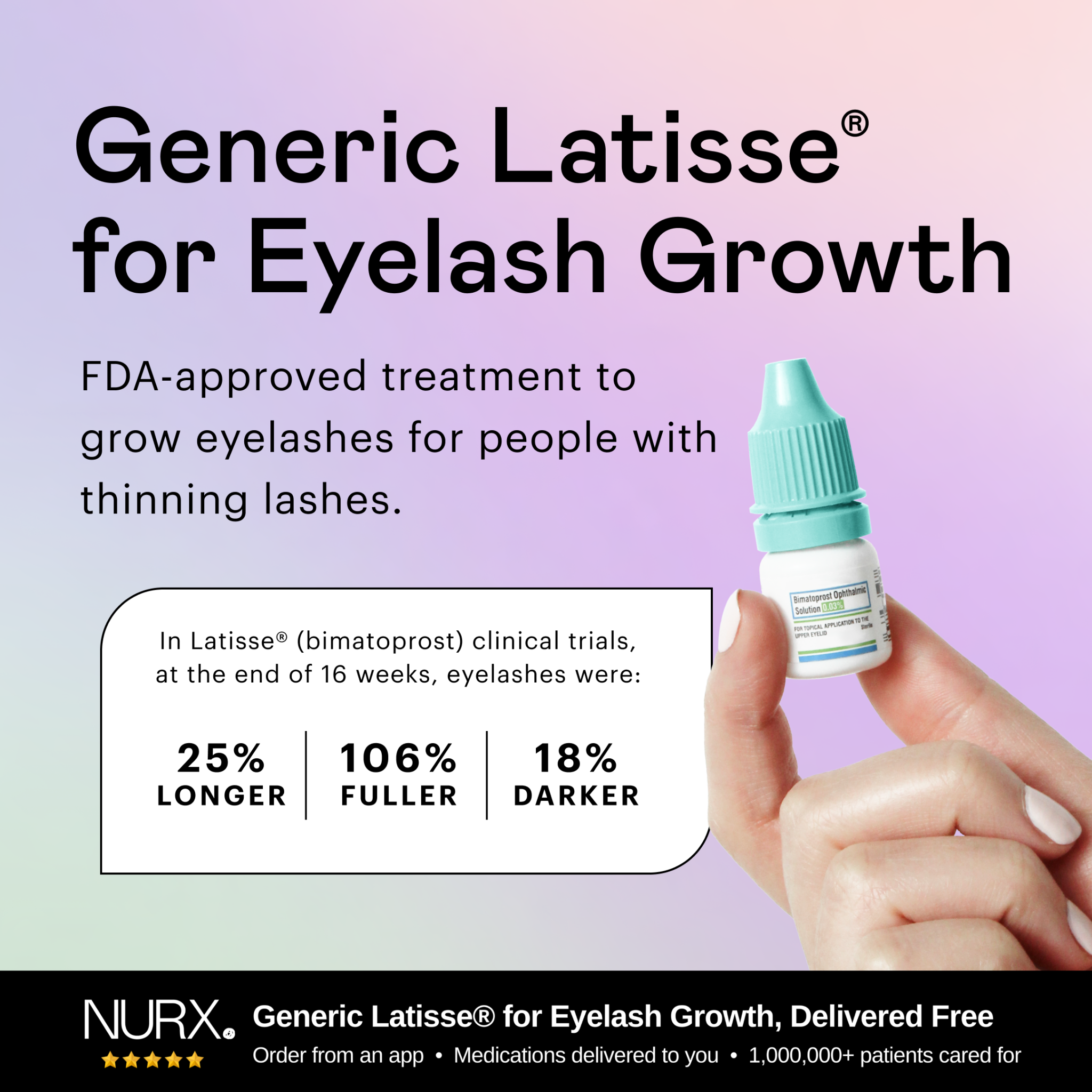 Facebook and Instagram ad by Nurx on prescription eyelash treatment delivered free