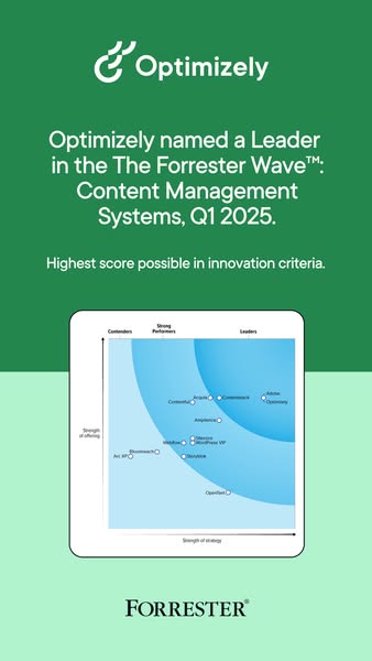 Optimizely ad on green background showing Forrester Wave Q1 2025 Leaders quadrant chart