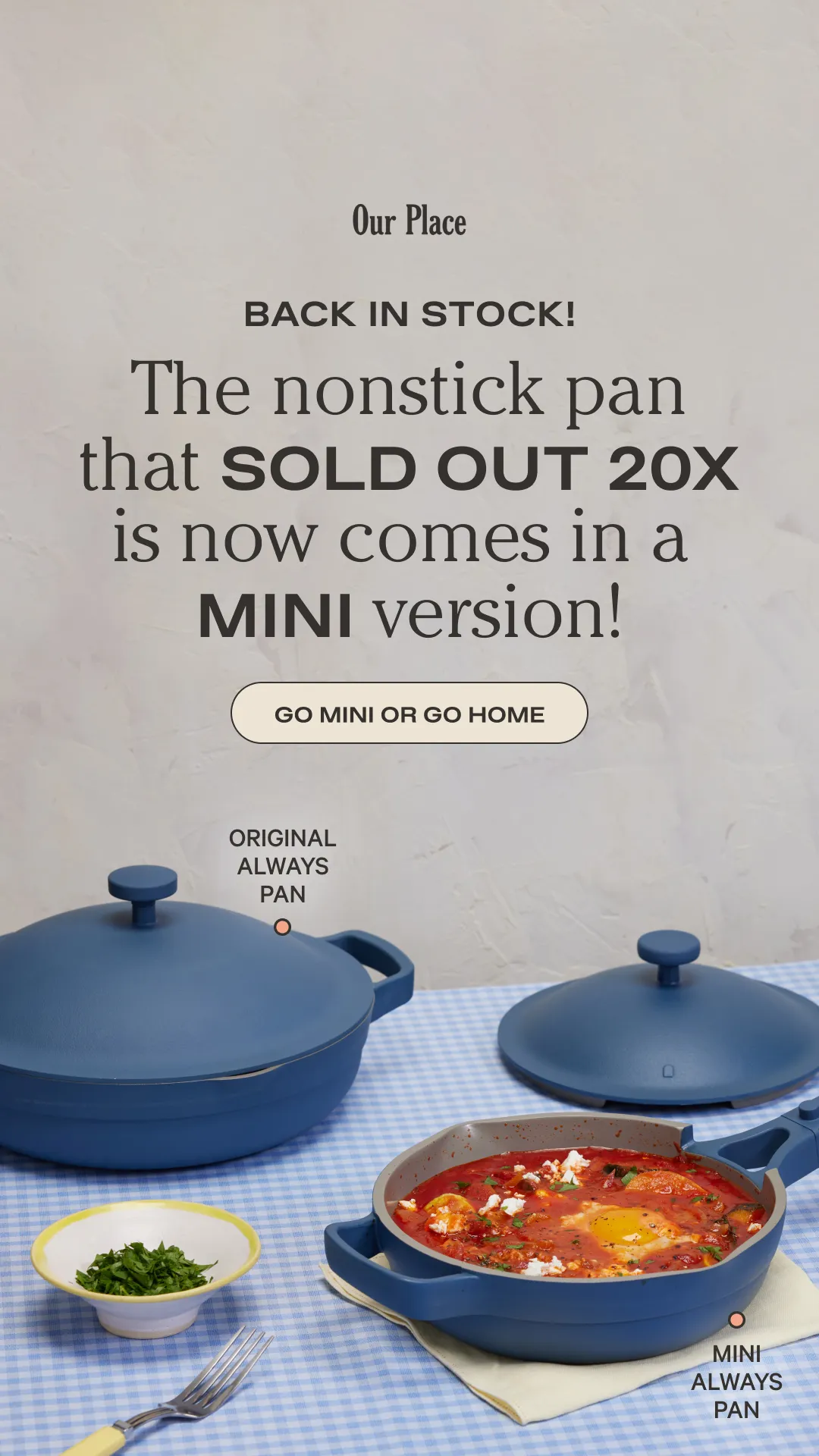 Facebook and Instagram ad by Our Place introducing a mini version of its bestselling pan