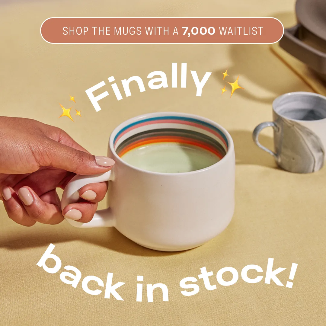 Facebook and Instagram ad by Our Place announcing hand painted Pride mugs back in stock