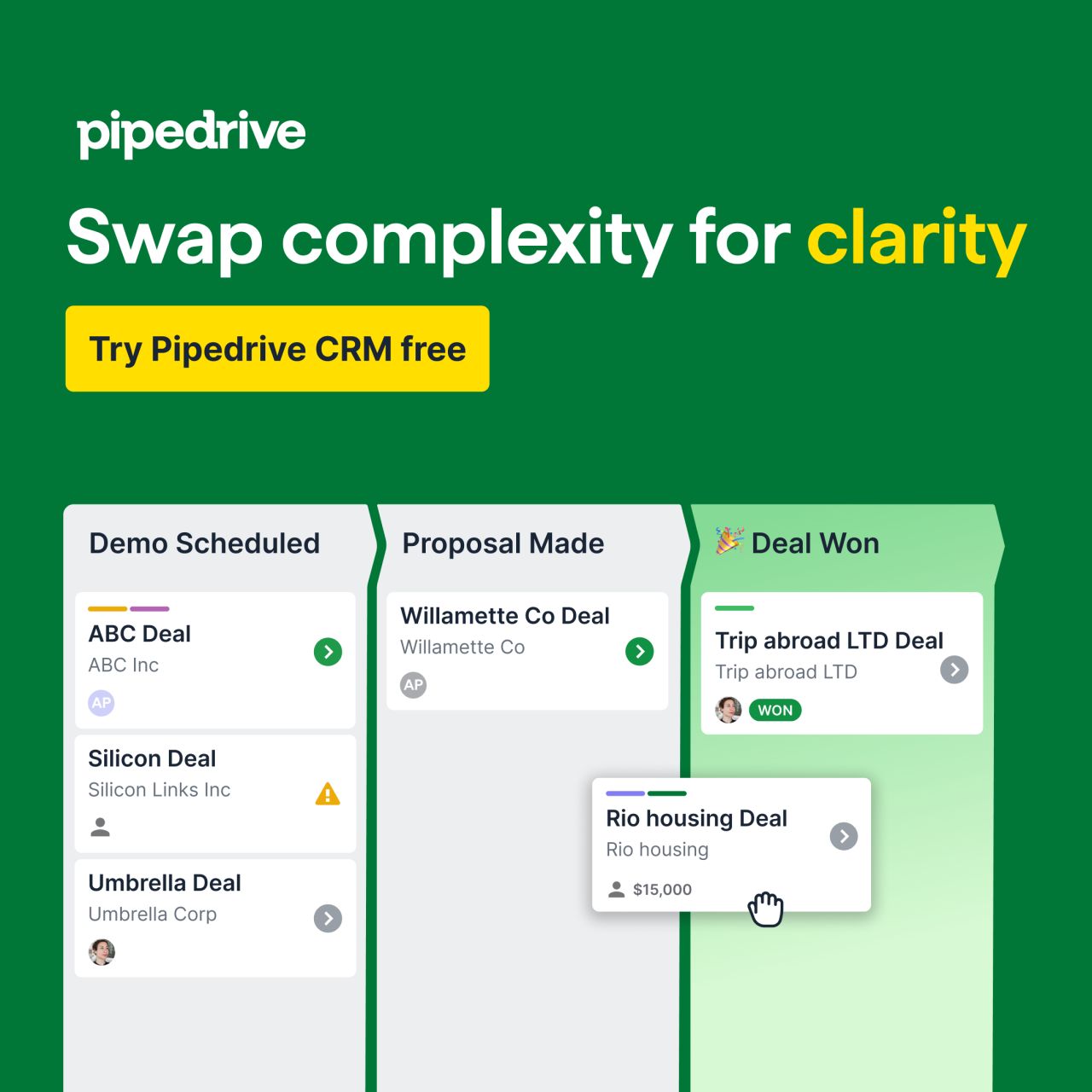 Pipedrive ad on green background showing CRM pipeline with deal cards moving through stages