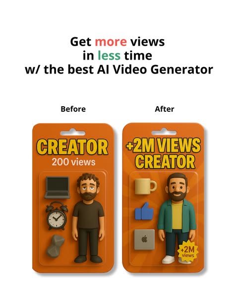 Revid ad showing before and after action figure style cards comparing 200 views to 2M views