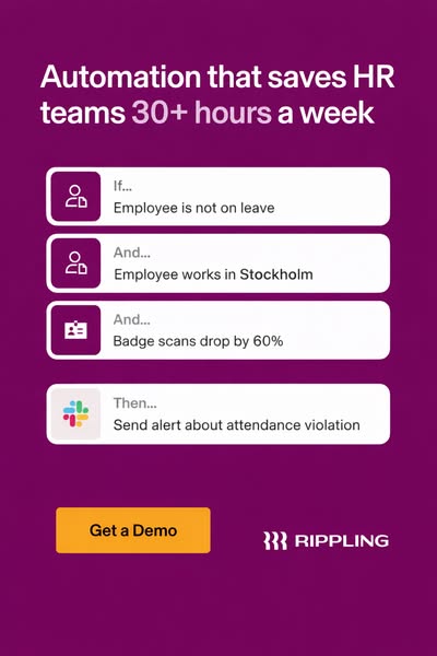 Rippling ad on purple background showing an HR automation rule with conditional logic for attendance alerts