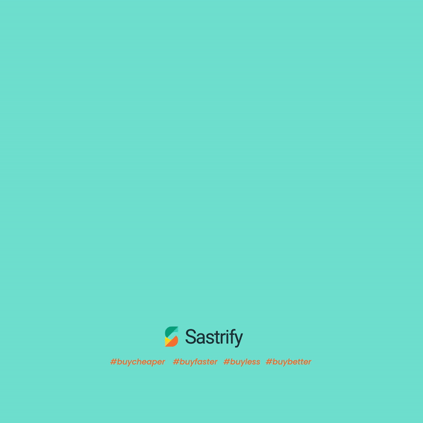Sastrify logo on a teal background above four hashtag style value props