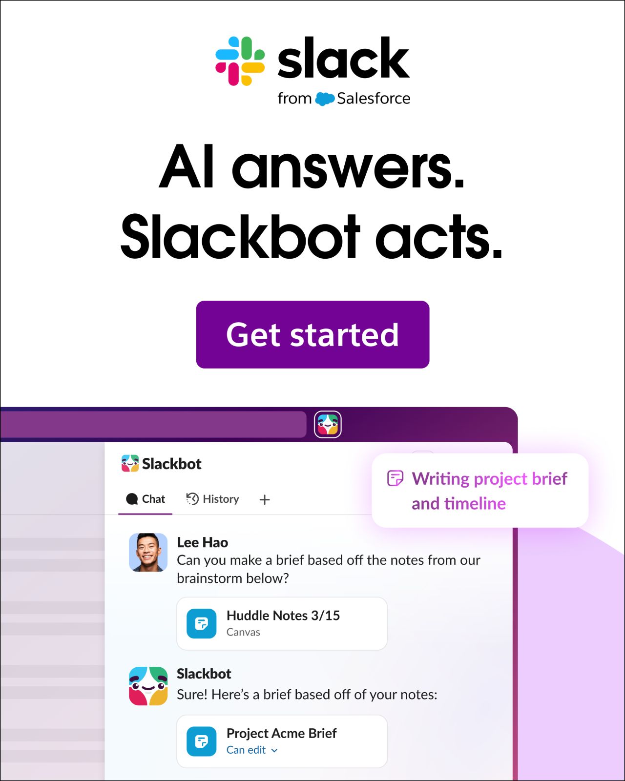Slack ad showing Slackbot AI conversation where a user asks for a project brief and Slackbot generates one from huddle notes