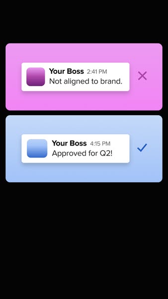 Two phone notifications from Your Boss showing brand rejection then Q2 approval