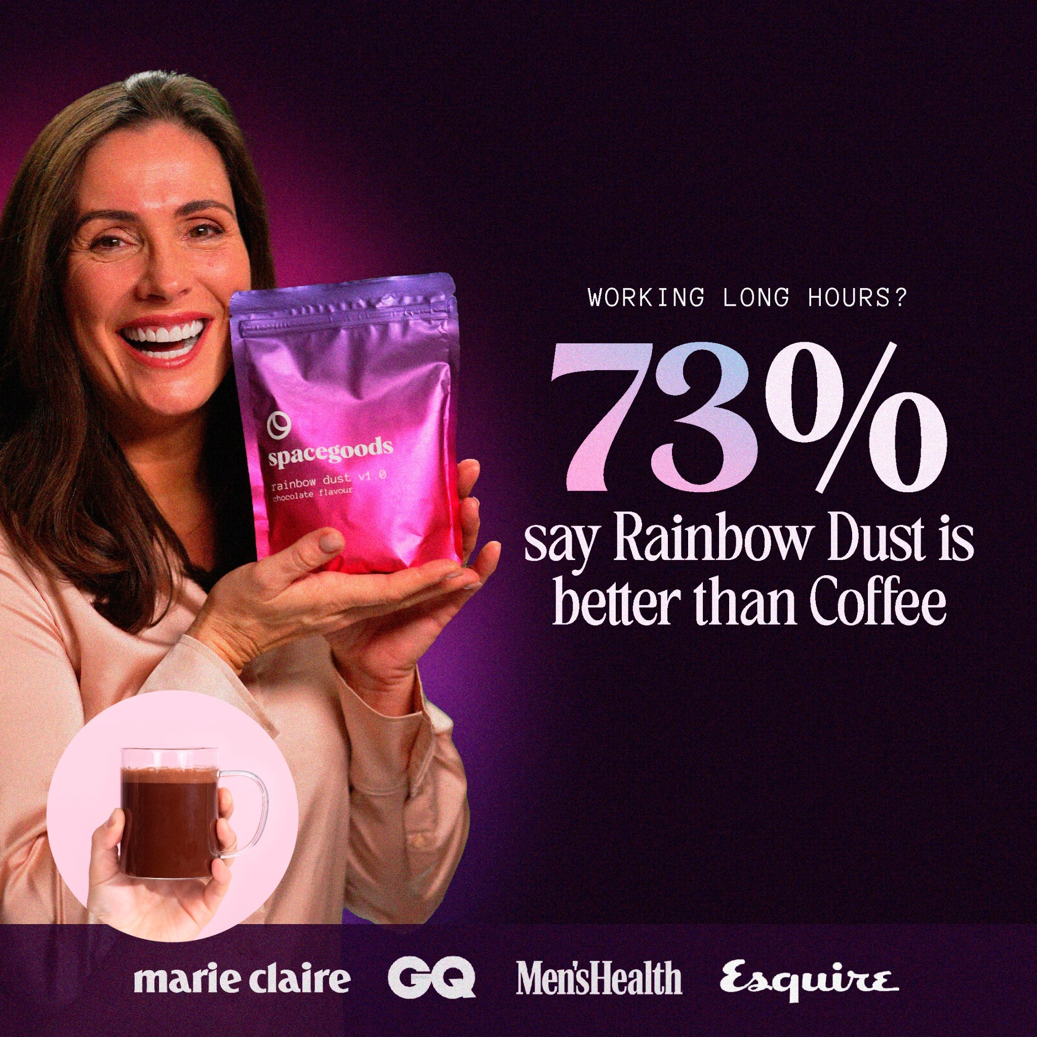 Facebook and Instagram ad by Spacegoods explaining its wellness drink blend