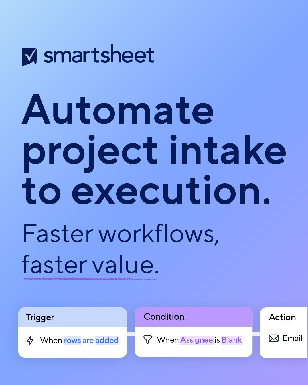 Smartsheet ad on purple gradient background showing trigger condition and action automation blocks