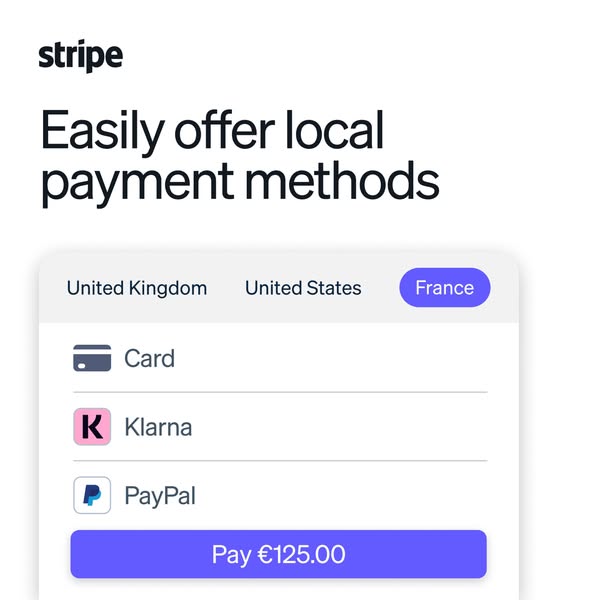 Stripe ad showing a checkout UI with country tabs for UK US and France displaying local payment methods like Card Klarna and PayPal