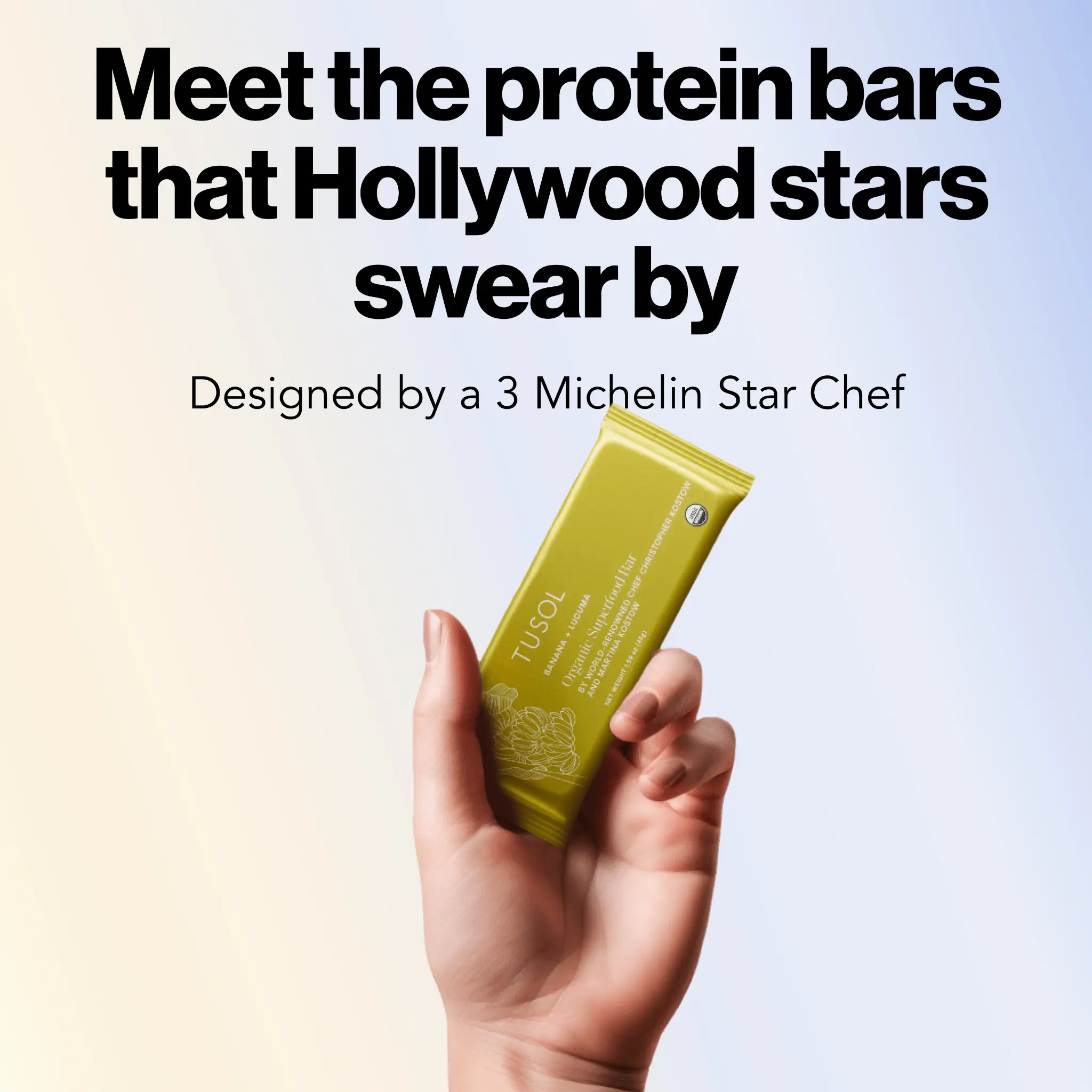 Facebook and Instagram ad by TUSOL Wellness on protein bars from a Michelin star chef