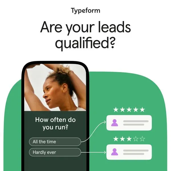 Typeform ad showing a phone survey asking how often do you run with response options linked to star rating reviews