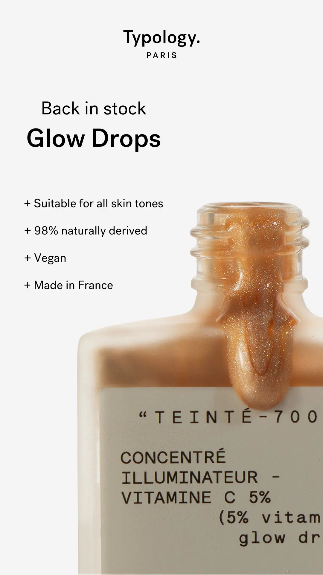 Facebook and Instagram ad by Typology announcing its Glow Drops back in stock