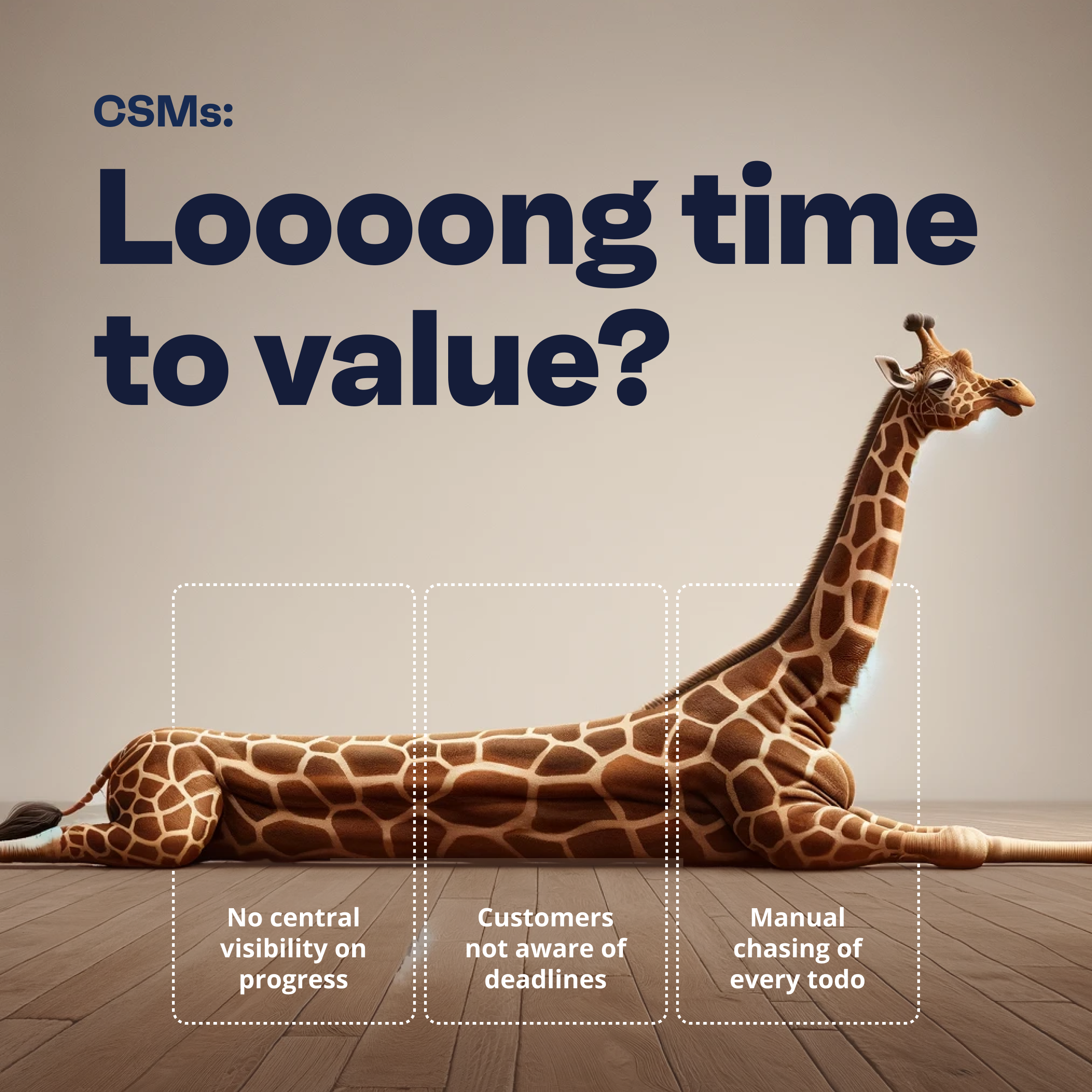 Valuecase ad showing a lying giraffe on a beige background with the headline CSMs loooong time to value