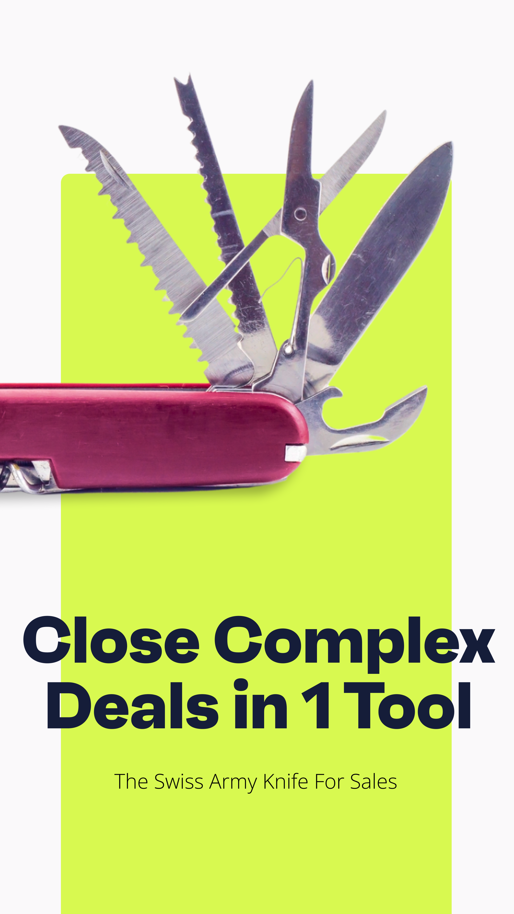Valuecase ad showing a red Swiss Army knife with multiple tools open and the headline close complex deals in 1 tool