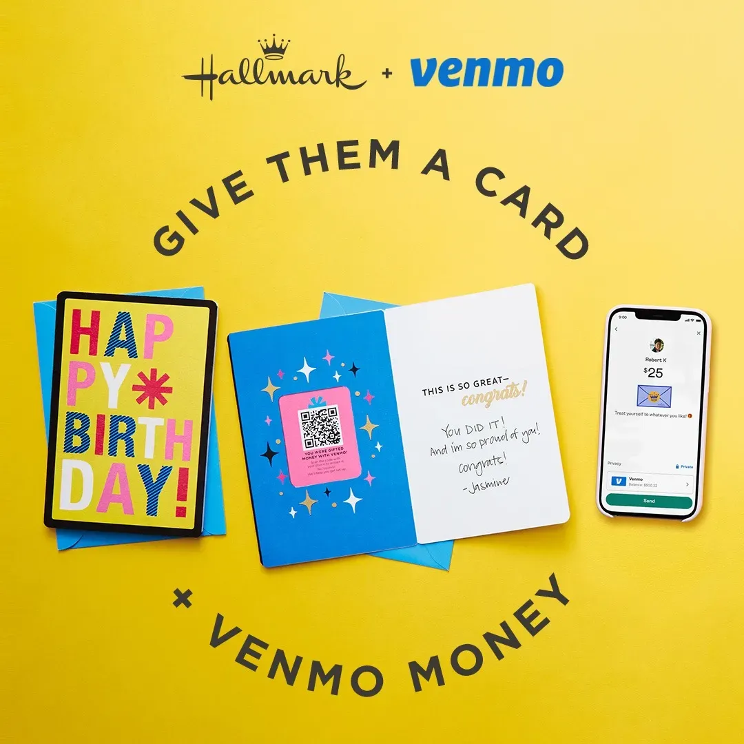 Hallmark and Venmo co-branded ad showing a birthday card with a QR code for gifting Venmo money alongside a phone showing the send screen