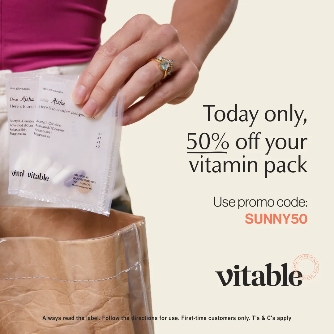 Facebook and Instagram ad by Vitable offering 50 percent off personalized vitamins