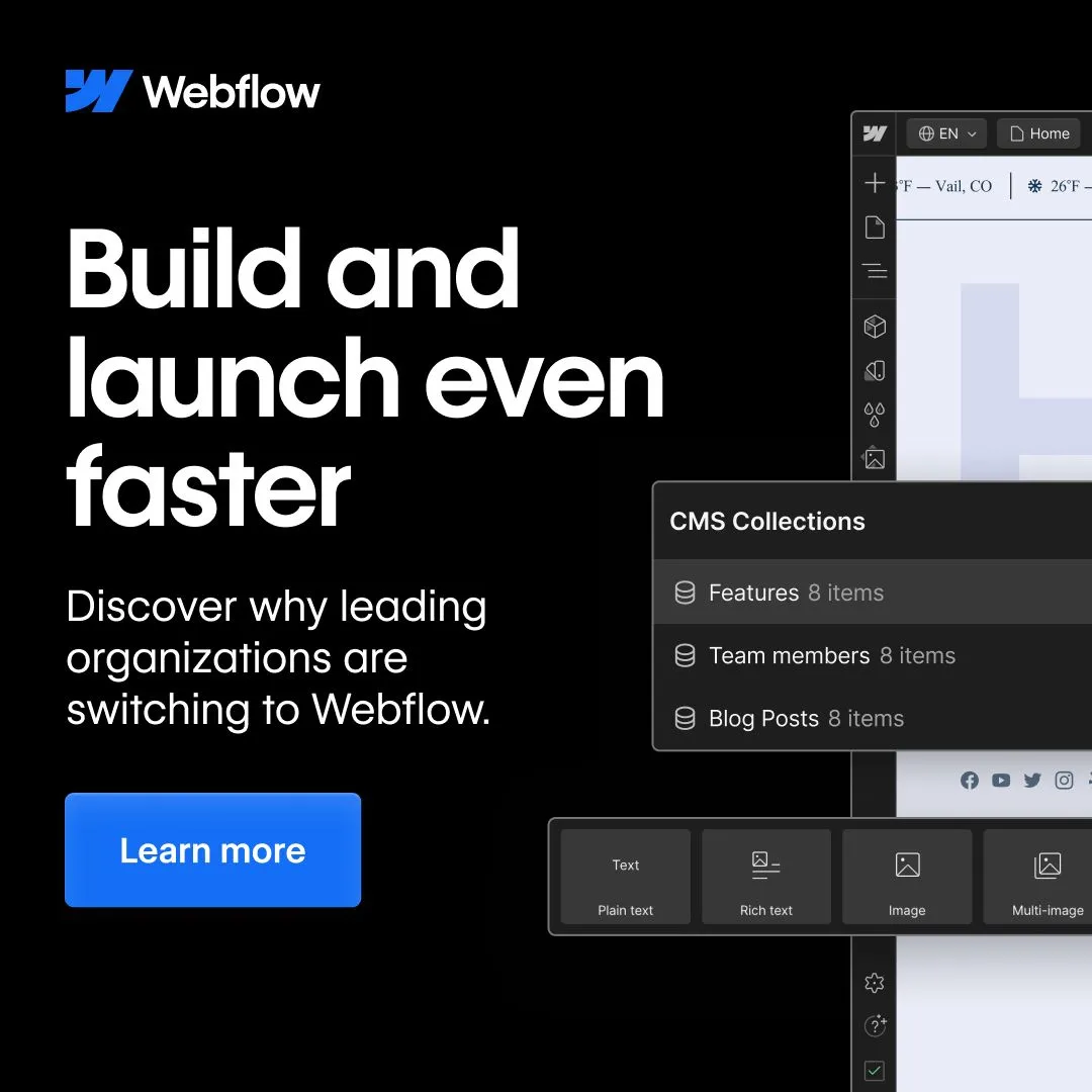LinkedIn ad by Webflow promising faster site launches without relying on developers
